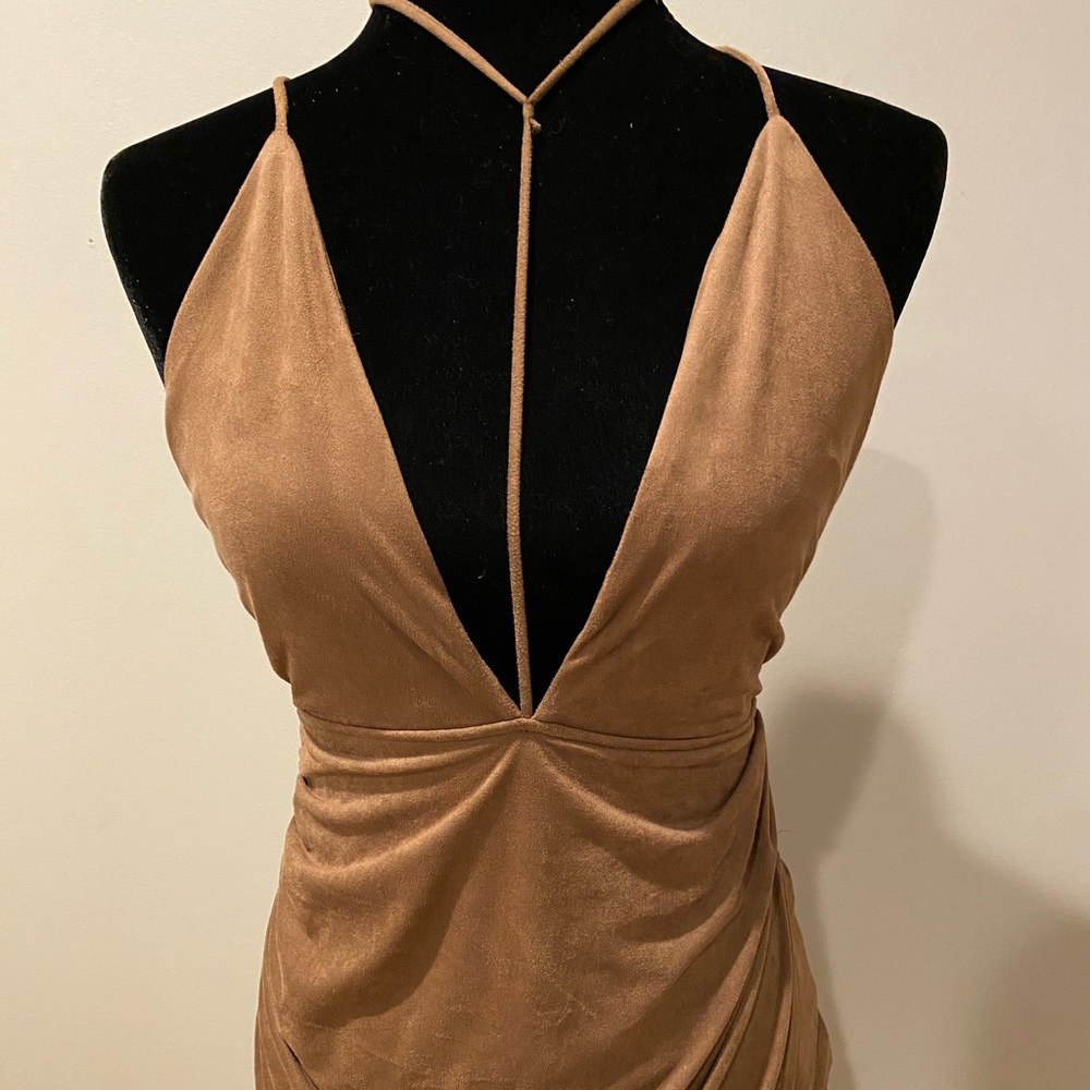Faux Suede Long Dress with Choker Attached